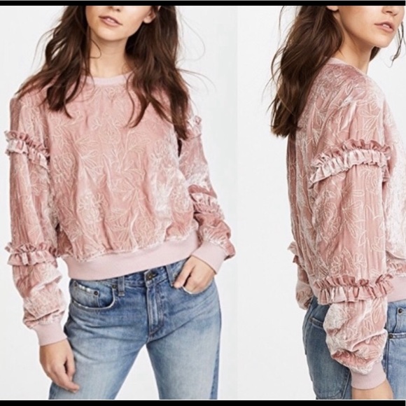cinq a sept Sweaters - Cinq a Sept The Nara Embroidered Velvet Pullover Sweatshirt with Ruffled Trim